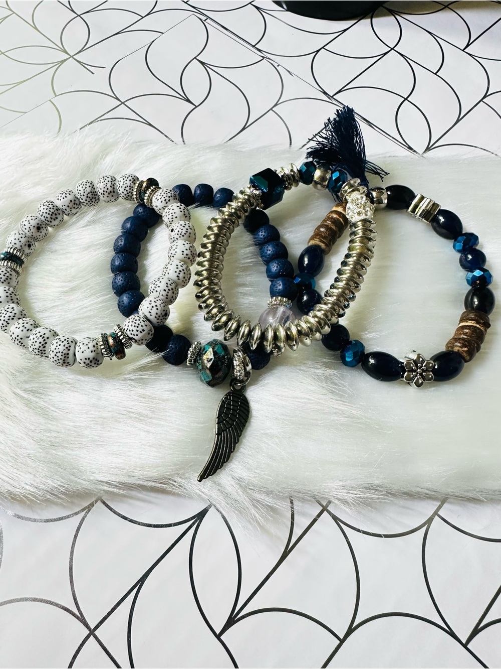 Handcrafted Navy Blue & White Beaded Bracelet Set